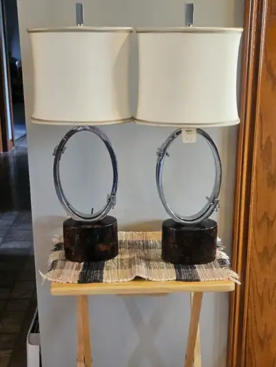 VINTAGE HEAVY THEO ALEXANDER STAINLESS OVAL LINED LAMPS, View more