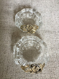 Vintage Two 2 CRYSTAL ASHTRAYS with BRASS Design