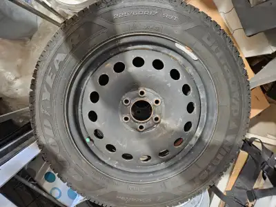 Set of four 225/60R17 99T Goodyear M+S tires on steel rims with 6-4.53" diameter bolt circle. Off of...
