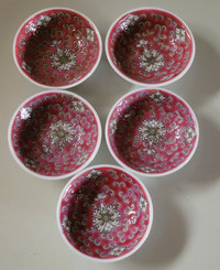 Vintage Famille Rose Porcelain Mun Shou Red Soy Sauce Dishes