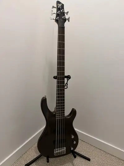 5 string bass by Fender Squier. The Color is metallic grey. Controls are vol, blend, tone Comes with...