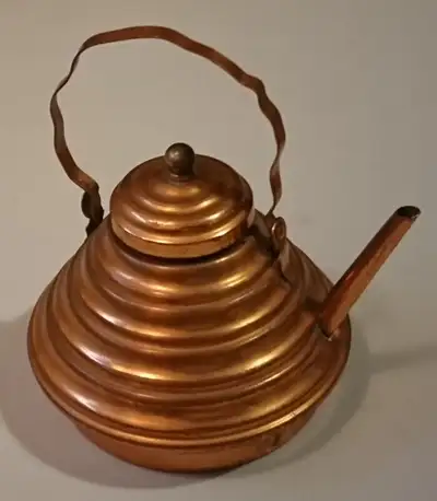 Vintage Rare Solid Copper Kettle Shaped Creamer with lidand wavey handle, Marked Made in Holland at...