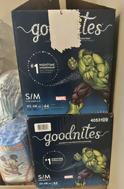 No longer need 2 boxes of Goodnites boys bed wetting pull ups both boxes are full one box only used...
