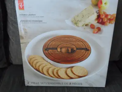 new Ceramic platter with removable wood insert in excellent cond, View more