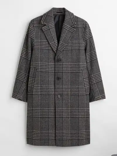 H&M Grey Checked Long Coat Large, View more
