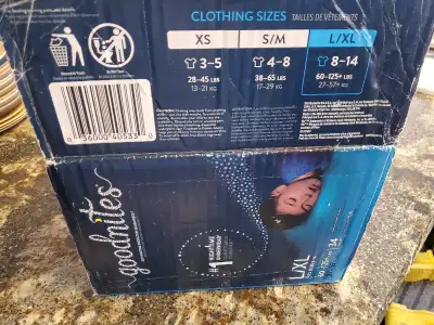1 sleeve is sealed, the other has a few diapers gone. Size is XL, 8-14 yrs, 60-125+ lbs (as per box)...