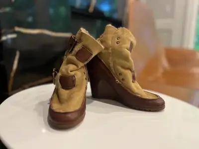 FENDI Leather & Suede Shearling Ankle Wedge Boots, View more
