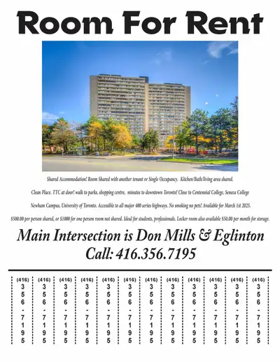 Furnished Room Available for August or September 2025. Don Mills
