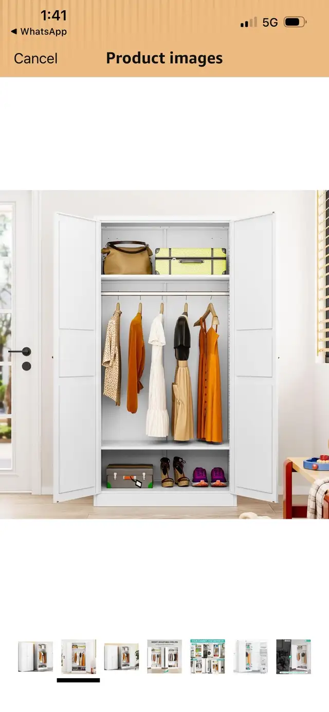 Metal Wardrobe Cabinet with Hanging Rod,White Armoire Wardrobe  in Dressers & Wardrobes in Mississauga / Peel Region - Image 3
