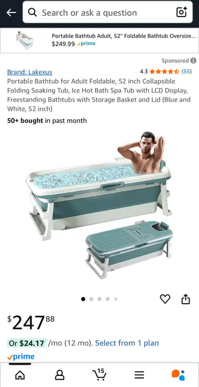 Portable Bathtub for Adult Foldable, 52 inch Collapsible, View more