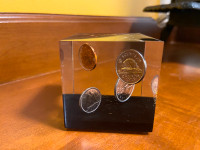 Vintage 1970s Acrylic Lucite Floating Canadian Coins in Cube