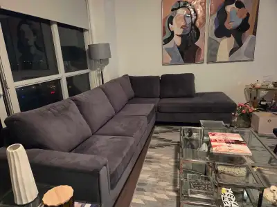 Grey sectional in good condition. Frame is sturdy. Comfortable sofa.
