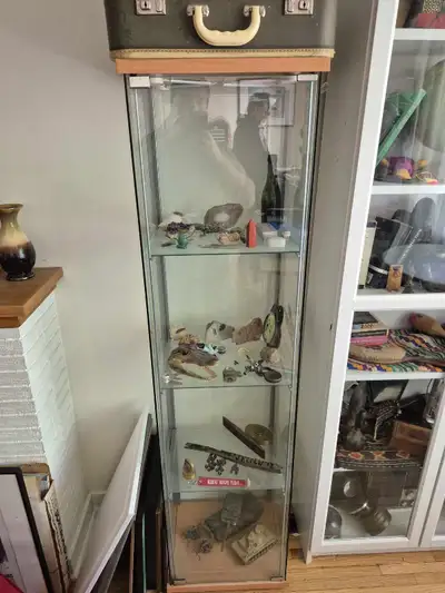 Two glass shelves and a glass bookcase for sale. Shelves are 100 each bookcase is 150. The two glass...