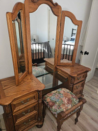 Oak Vanity and Matching Stool