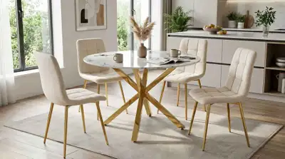 Salle à Manger Élégante en Marbre Rond – 4 Chaises, View more