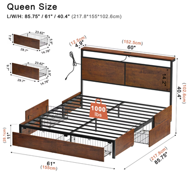 Queen Size Bed Frame with Headboard and 4 Storage Drawers LED Pl, View more