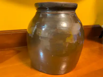 Vintage Stoneware Brown Glazed Crock Farmhouse Decor. This is 7" tall x 5.5" diameter on the bottom....