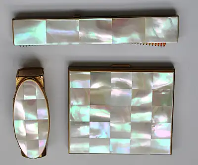 VINTAGE MOTHER of PEARL VANITY SET - Compact powder, comb, lipstick - Exquisite Mother of Pearl inla...