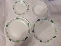 4 CORELLE milk glass green leaves plates & bowl made in USA