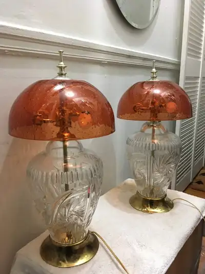 2 Mid Century Italian Crystal Glass & Orange Lucite Lamps - $250, View more
