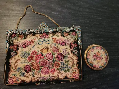 1930's Vintage Tapestry bag with matching compact, View more