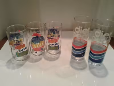 3 cool "uh huh" new 70's pepsi glasses. New. 5" tall. $5 EACH 2 tall diet pepsi glasses. New 6 1/2"...