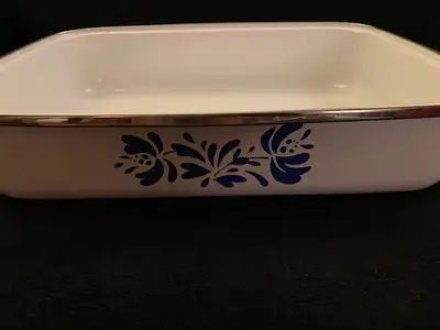 Very large white enamel over steel roasting or lasagna pan with a blue design and handles. New, neve...