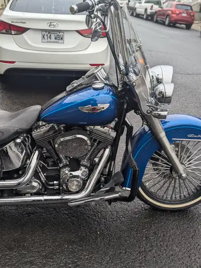 Harley Davidson Softail deluxe 2009 muffler vince on white eall eherl on 20" and 18" spoke presque p...