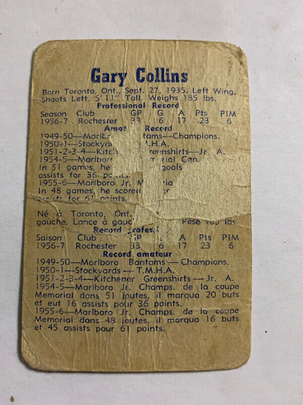 1957 58 PARKHURST HOCKEY #23 GARY COLLINS TORONTO MAPLE LEAFS RC dans Art et objets de collection  à Longueuil/Rive Sud - Image 2