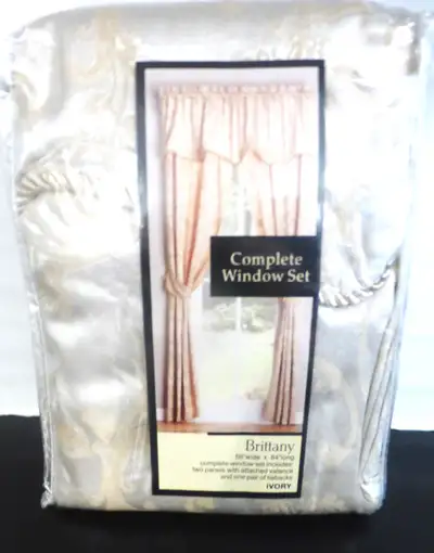 Brittany Complete Window Set 2 Window Curtains Valance & Curtain Tie Backs Ivory Brand New Sealed Tw...