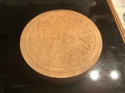 Clarence Wells carved round drum box, signed, View more