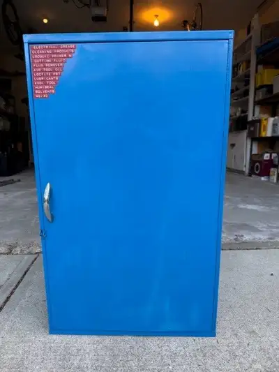 Metal Storage Cabinet Useful for storing household chemicals and tools Blue sheet metal w/ shelf Dim...