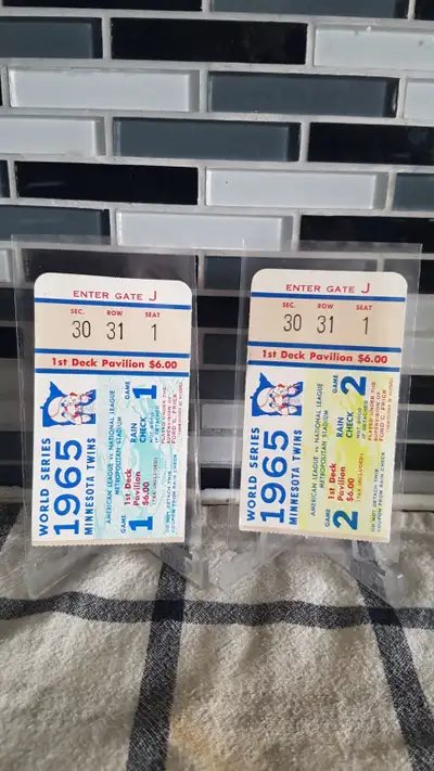 The 1965 series between the Twins and Dodgers went to seven games here are two used stubs from the Y...