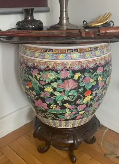 Gorgeous large planter pot with artistic wooden rack $250, View more