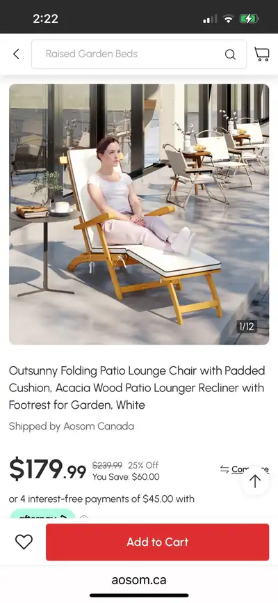 Acacia wood Folding Patio Lounge Chair with Padded Cushion, View more