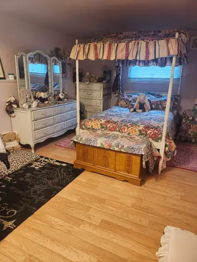 Solid wood removable canopy bed,new mattresses, large dresser, tall boy,night stand matching bedding...