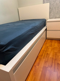 IKEA bed with storage, mattress and side table