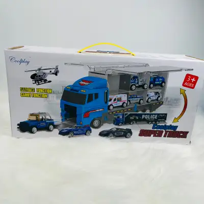 10 Mini Police Rescue Truck Toy Set in different designs and functions in One Double Side Carrier Tr...