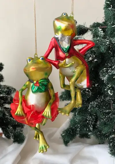 Glass Christmas Ornaments Fancy Dancing Mr & Mrs Frog Red Green, View more