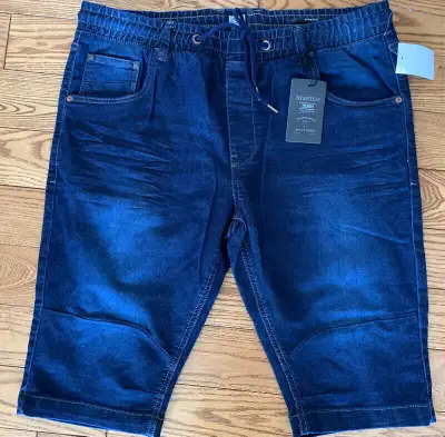 NEW men’s blue jeans denim shorts elastic waist 38, View more