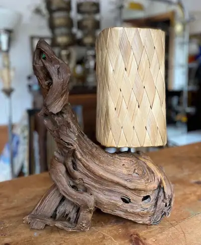 Vintage driftwood table lamp with original wicker shade mcm, View more