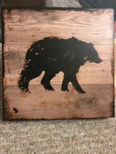 Art - bear print on wood 10” square $10, like new, View more
