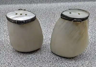 Antique Shell Pearl with silver border Salt and Pepper dispenser Conversation pieces Measurements: 3...