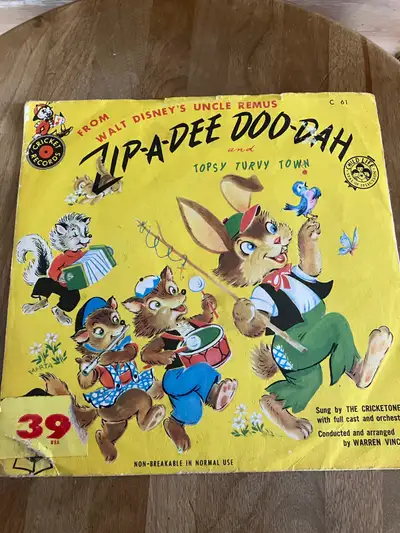 WALT DISNEY UNCLE REMUS ZIP A DEE DOO DAH CRICKET RECORD, View more