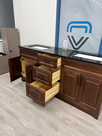 Real Maple wood material 72” double sink vanity with quartz countertop soft closing doors and drawer...