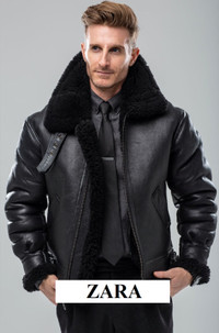 Zara manteau coat jacket sherpa sherling cuir leather men homme