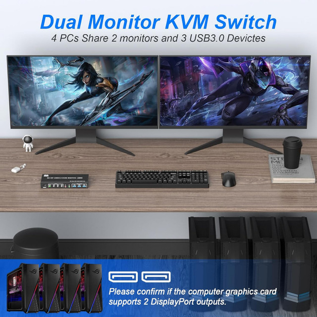Dual Monitor 8K DisplayPort KVM Switch with USB 3.0 Ports in Cables & Connectors in Oshawa / Durham Region - Image 3
