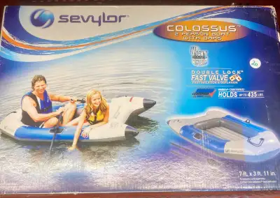 Sevylor Colossus 2 Person Inflatable Boat With Oars. Shaped like a Zodiac boat. Holds up to 435 lbs....