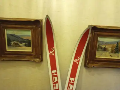 Vintage Finnish Wooden Skis with Bamboo Poles - Chalet Decor, View more