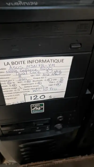 Ordinateur de bureau ASUS Processeur : Dual Core 3,1 Ghz Mémoire : 8 Go Processeur Graphique : NVIDI...
